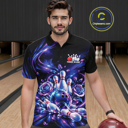 Custom Neon Cosmic Bowling And Roses Men Polo, Bowling Tournament Team Jersey IPHW12859