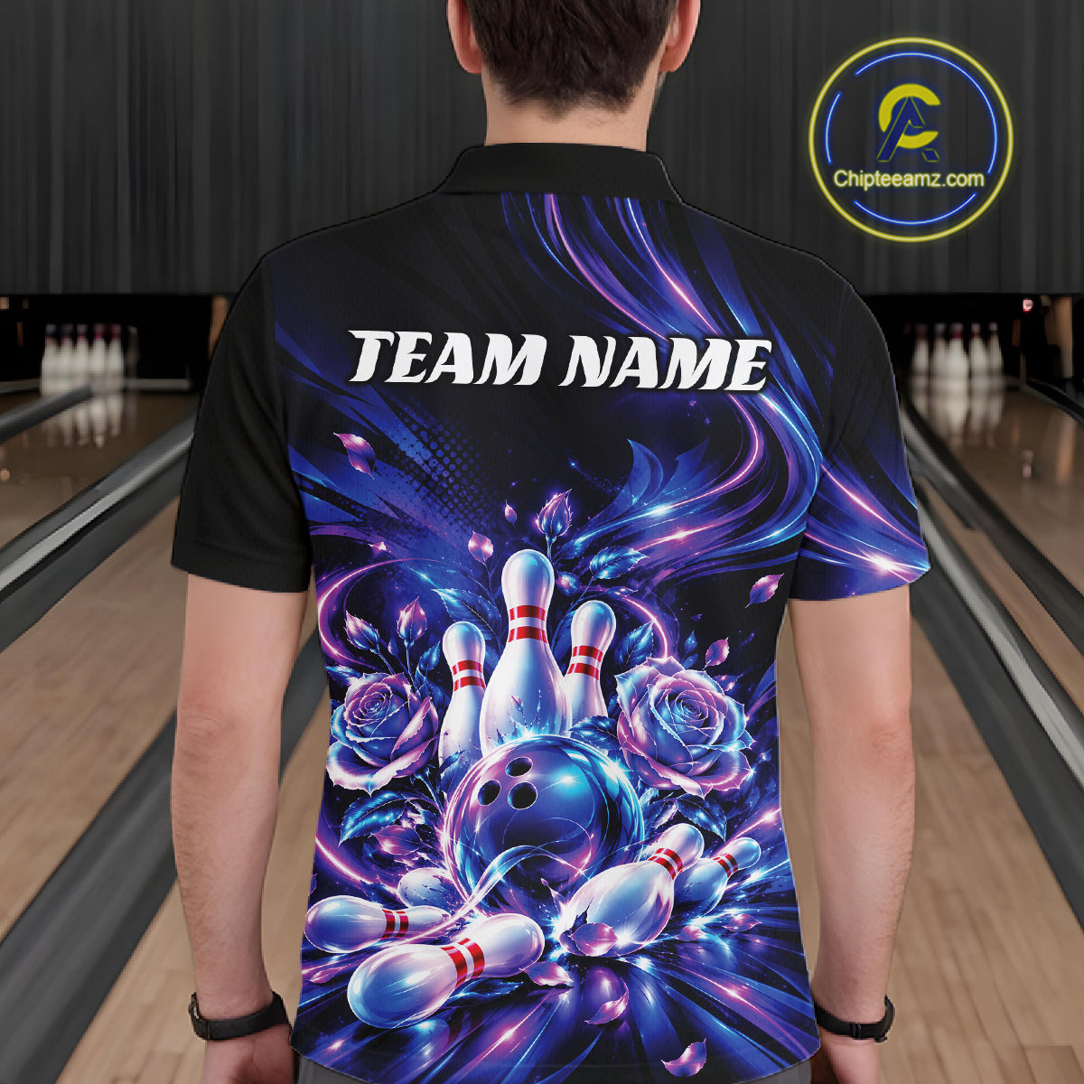 Custom Neon Cosmic Bowling And Roses Men Polo, Bowling Tournament Team Jersey IPHW12859
