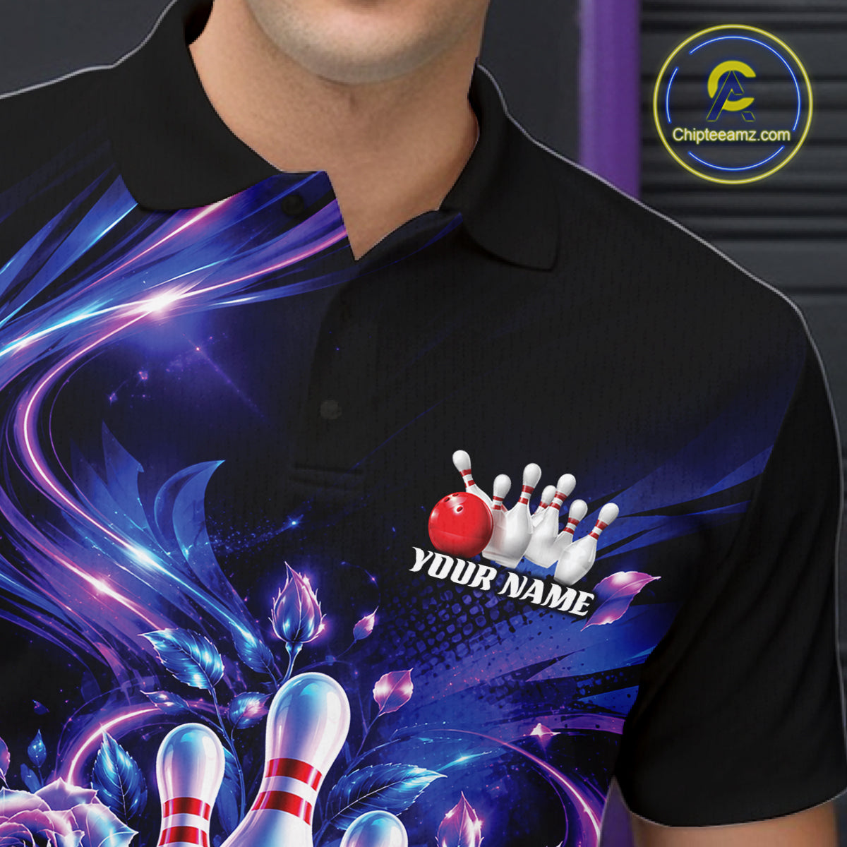 Custom Neon Cosmic Bowling And Roses Men Polo, Bowling Tournament Team Jersey IPHW12859