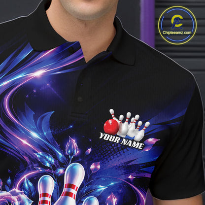 Custom Neon Cosmic Bowling And Roses Men Polo, Bowling Tournament Team Jersey IPHW12859