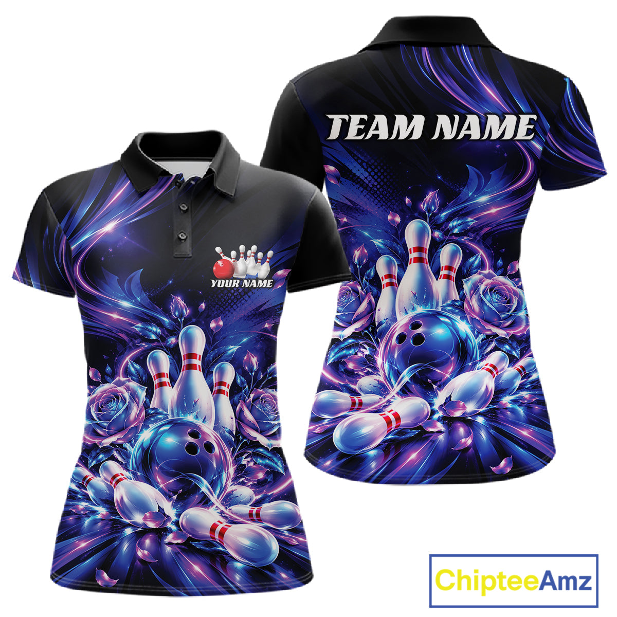 Custom Neon Cosmic Bowling And Roses Women Polo, Bowling Tournament Team Jersey IPHW12859