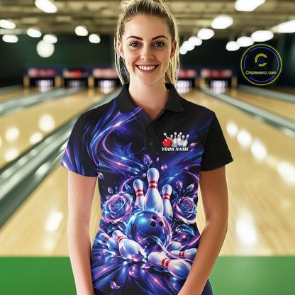 Custom Neon Cosmic Bowling And Roses Women Polo, Bowling Tournament Team Jersey IPHW12859
