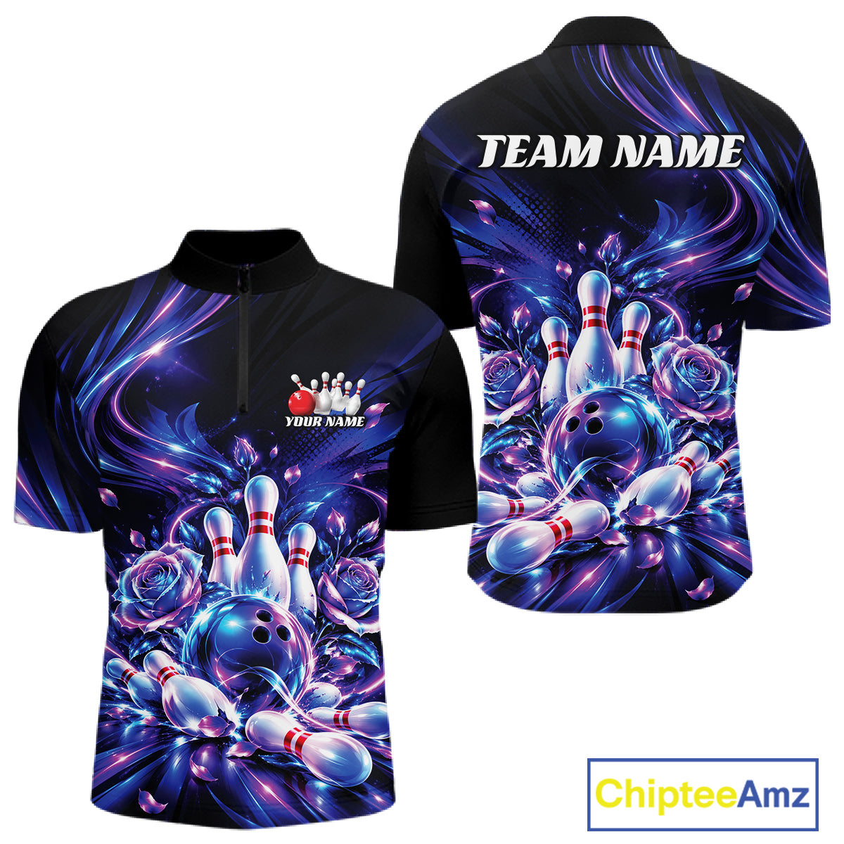 Custom Neon Cosmic Bowling And Roses Men Quarter Zip, Bowling Tournament Team Jersey IPHW12859