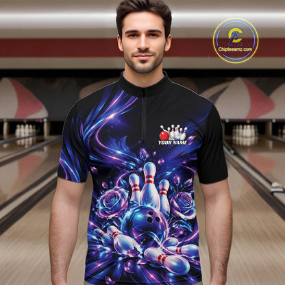 Custom Neon Cosmic Bowling And Roses Men Quarter Zip, Bowling Tournament Team Jersey IPHW12859