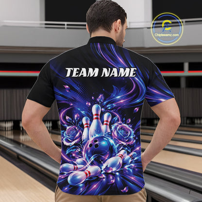 Custom Neon Cosmic Bowling And Roses Men Quarter Zip, Bowling Tournament Team Jersey IPHW12859