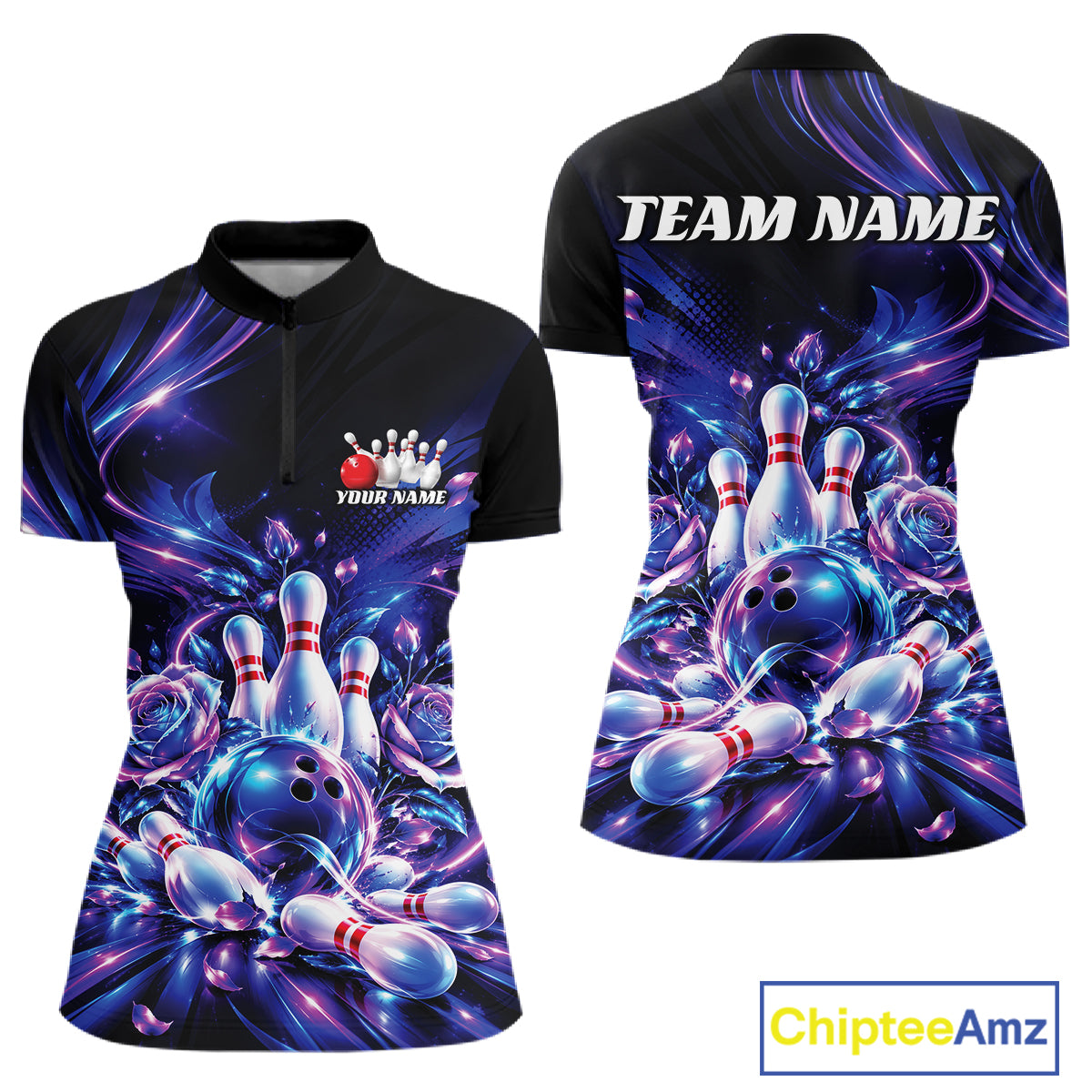 Custom Neon Cosmic Bowling And Roses Women Quarter-Zip, Bowling Tournament Team Jersey IPHW12859