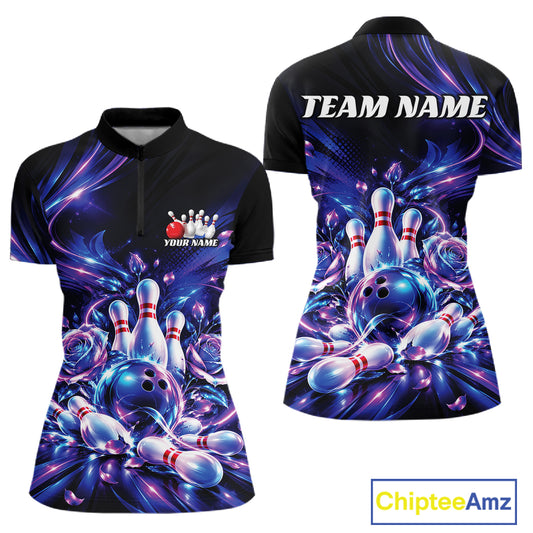 Custom Neon Cosmic Bowling And Roses Women Quarter-Zip, Bowling Tournament Team Jersey IPHW12859