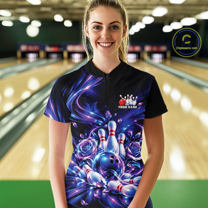 Custom Neon Cosmic Bowling And Roses Women Quarter-Zip, Bowling Tournament Team Jersey IPHW12859