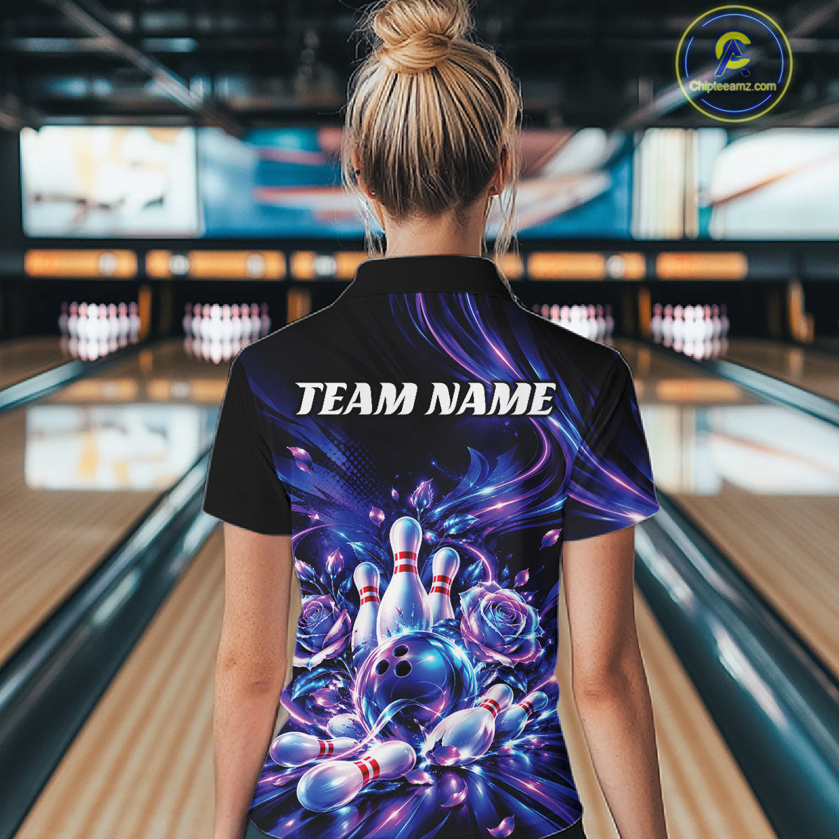 Custom Neon Cosmic Bowling And Roses Women Quarter-Zip, Bowling Tournament Team Jersey IPHW12859
