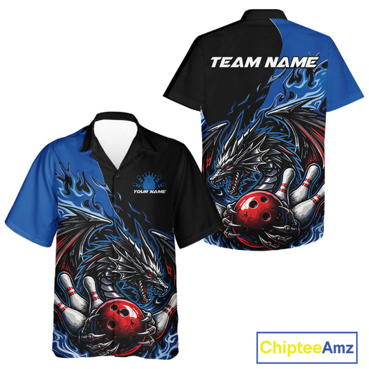 Custom Blue And Red Dragon Bowling Men And Women Hawaiian Team Shirt, Dragon Bowling League Shirts IPHW10368