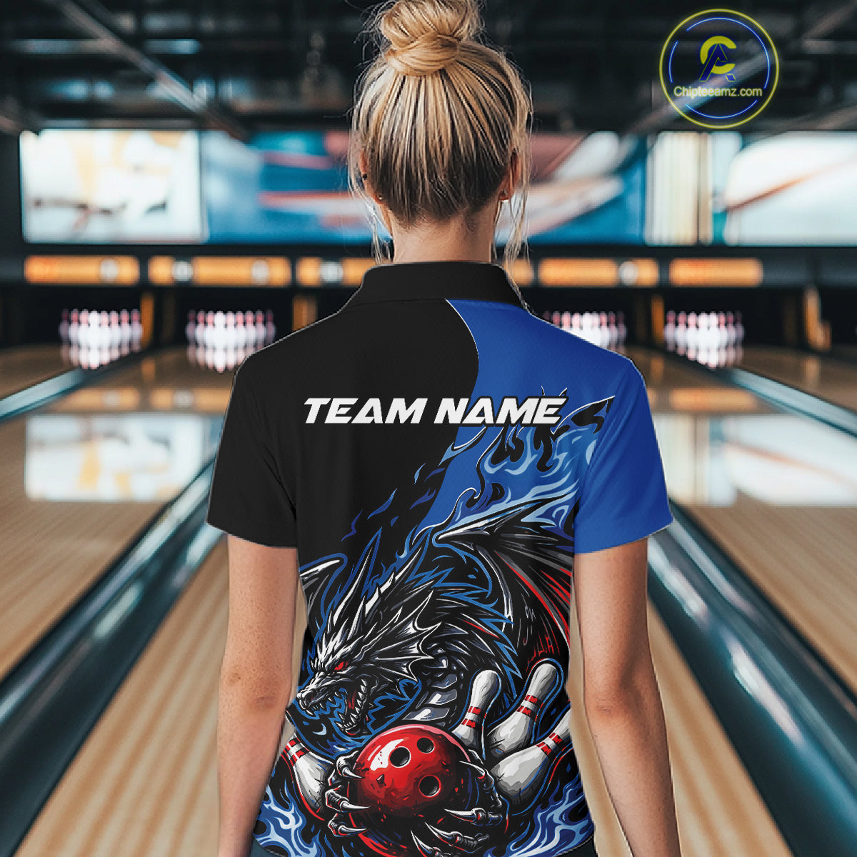 Custom Blue And Red Dragon Bowling Women Polo Team Shirt, Dragon Bowling League Shirts IPHW10368