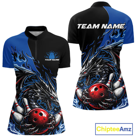 Custom Blue And Red Dragon Bowling Women Quarter-Zip Shirt, Dragon Bowling League Shirts IPHW10368