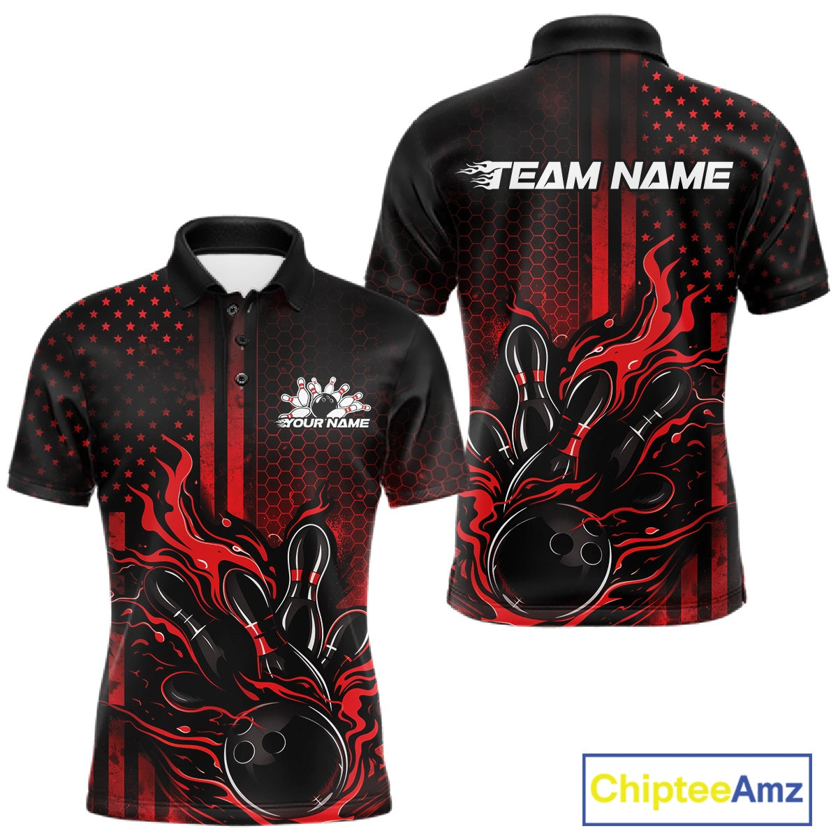 Front and back view of a black and red men’s bowling polo shirt featuring flames around a bowling ball striking pins with patriotic American flag bowling style.