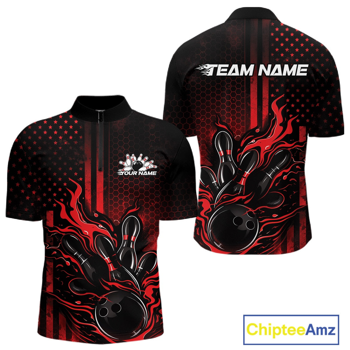 Front and back view of a black and red mens bowling quarter-zip shirt featuring a flaming bowling ball striking pins with patriotic American flag bowling accents.