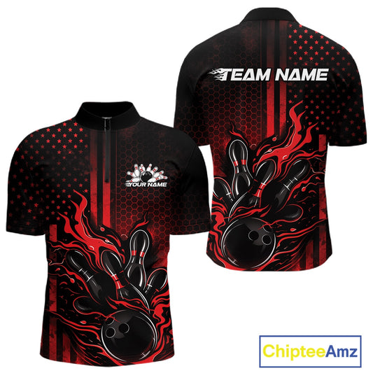 Front and back view of a black and red mens bowling quarter-zip shirt featuring a flaming bowling ball striking pins with patriotic American flag bowling accents.