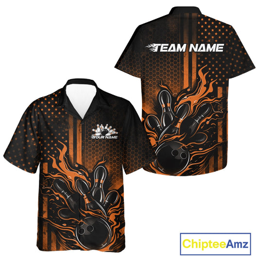 Front and back view of a black and orange button-up bowling shirt featuring flames around a bowling ball striking pins in patriotic style.