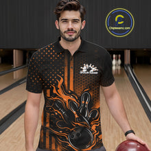 Load image into Gallery viewer, Custom Orange Patrotic Flame Bowling Men Polo Shirt, US Flag Bowling Jersey IPHW11156