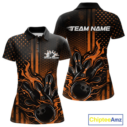 Front and back mockup of a black and orange womens bowling polo shirt featuring a flaming bowling ball striking pins with patriotic flag-inspired graphics.