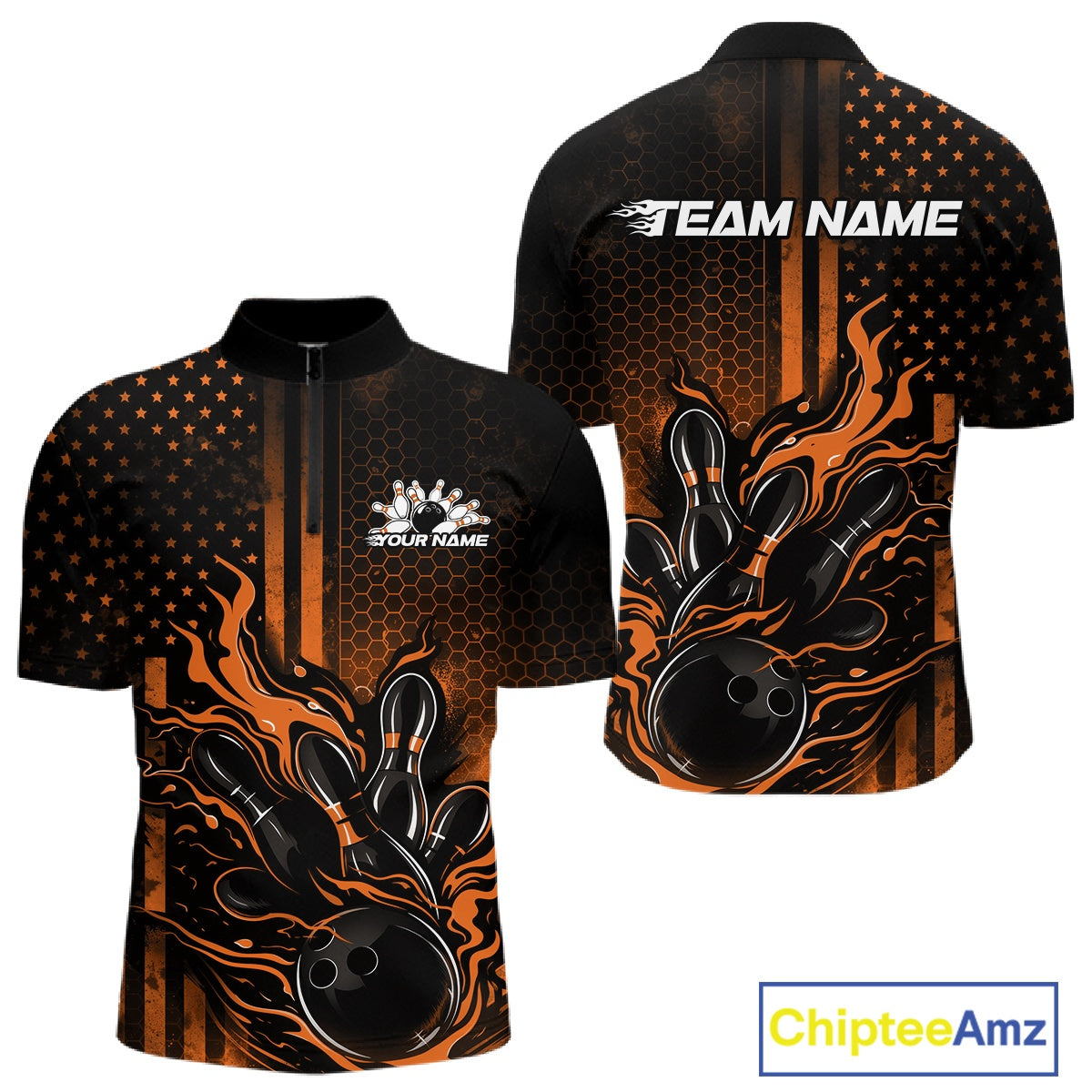 Front and back display of a black and orange mens bowling quarter-zip shirt featuring a flaming bowling ball striking pins with patriotic bowling-inspired artwork.