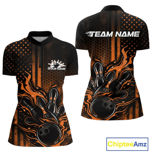 Front and back mockup of a black and orange women’s bowling quarter-zip shirt showcasing a flaming bowling ball striking pins with patriotic bowling artwork.
