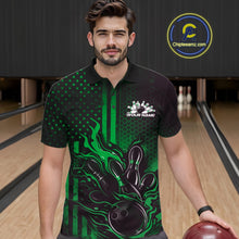 Load image into Gallery viewer, Custom Green Patrotic Flame Bowling Men Polo Shirt, US Flag Bowling Jersey IPHW11157