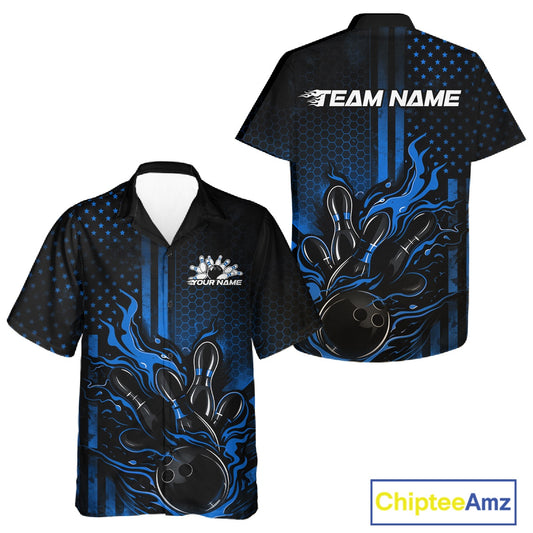Front and back view of a black and blue button-up bowling shirt featuring flames around a bowling ball striking pins with patriotic styling.