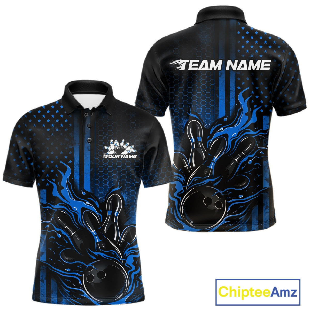Front and back view of a black and blue men’s bowling polo shirt mockup featuring flaming bowling ball striking pins with patriotic American flag style graphics.
