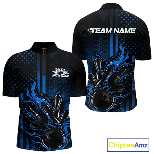 Front and back view of a black and blue mens bowling quarter-zip shirt featuring a flaming bowling ball striking pins with patriotic American flag bowling style artwork.