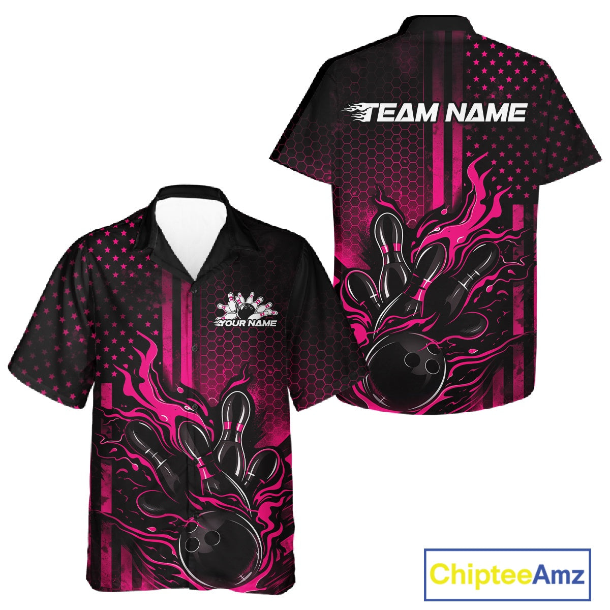 Front and back view of a black and pink button-up bowling shirt featuring flames around a bowling ball striking pins in patriotic bowling style.