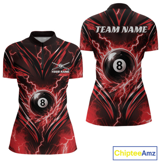 Custom billiards short-sleeve quarter zip shirt shown from the front and back, featuring a red and black lightning-bolt pattern with an 8-ball graphic and customizable text areas.