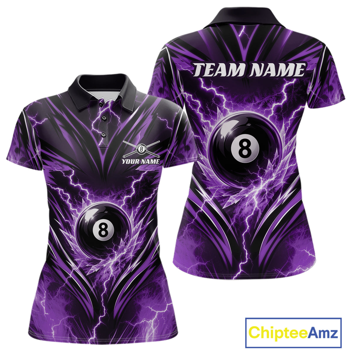 Front and back views of a women's short-sleeve polo shirt featuring a purple and black lightning bolt design with an 8-ball billiards graphic
