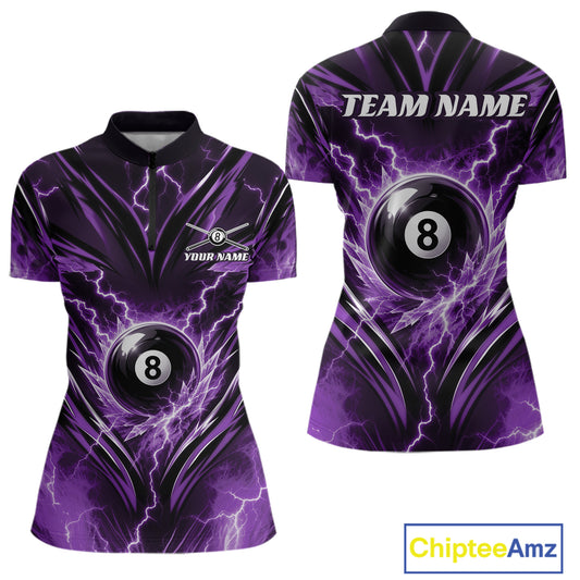 Front and back views of a women's short-sleeve billiard quarter zip shirt featuring a purple and black lightning bolt design with an 8-ball graphic. 