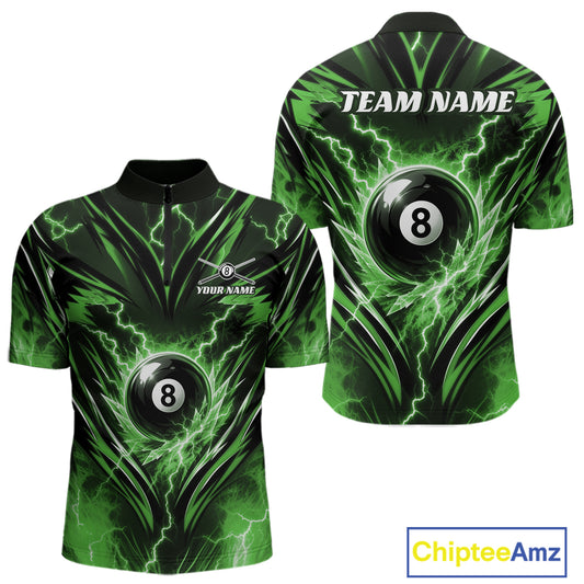 A billiards short-sleeve quarter zip shirt shown from both front and back, featuring a black and green lightning-bolt graphic with a large 8-ball design and customizable text areas