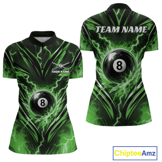 Front and back views of a women's billiard short-sleeve quarter zip shirt featuring a green and black lightning bolt pattern with an billiard 8-ball graphic. 