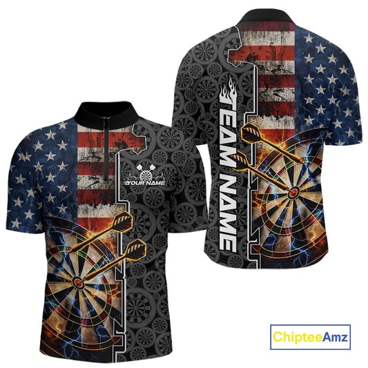 Custom Grunge US Flag Lightning Dartboard Patriotic Dart Team Men Quarter-Zip Shirt Dart Jerseys IPHW10387