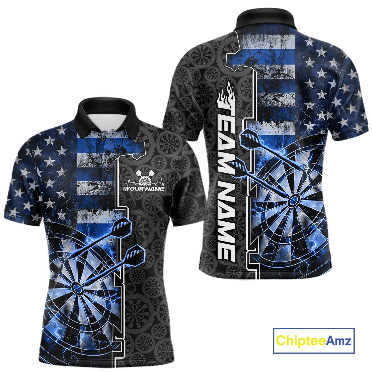 Custom Blue Lightning US Flag Dartboard Patriotic Dart Team Men Polo Shirt Dart Jerseys IPHW10388
