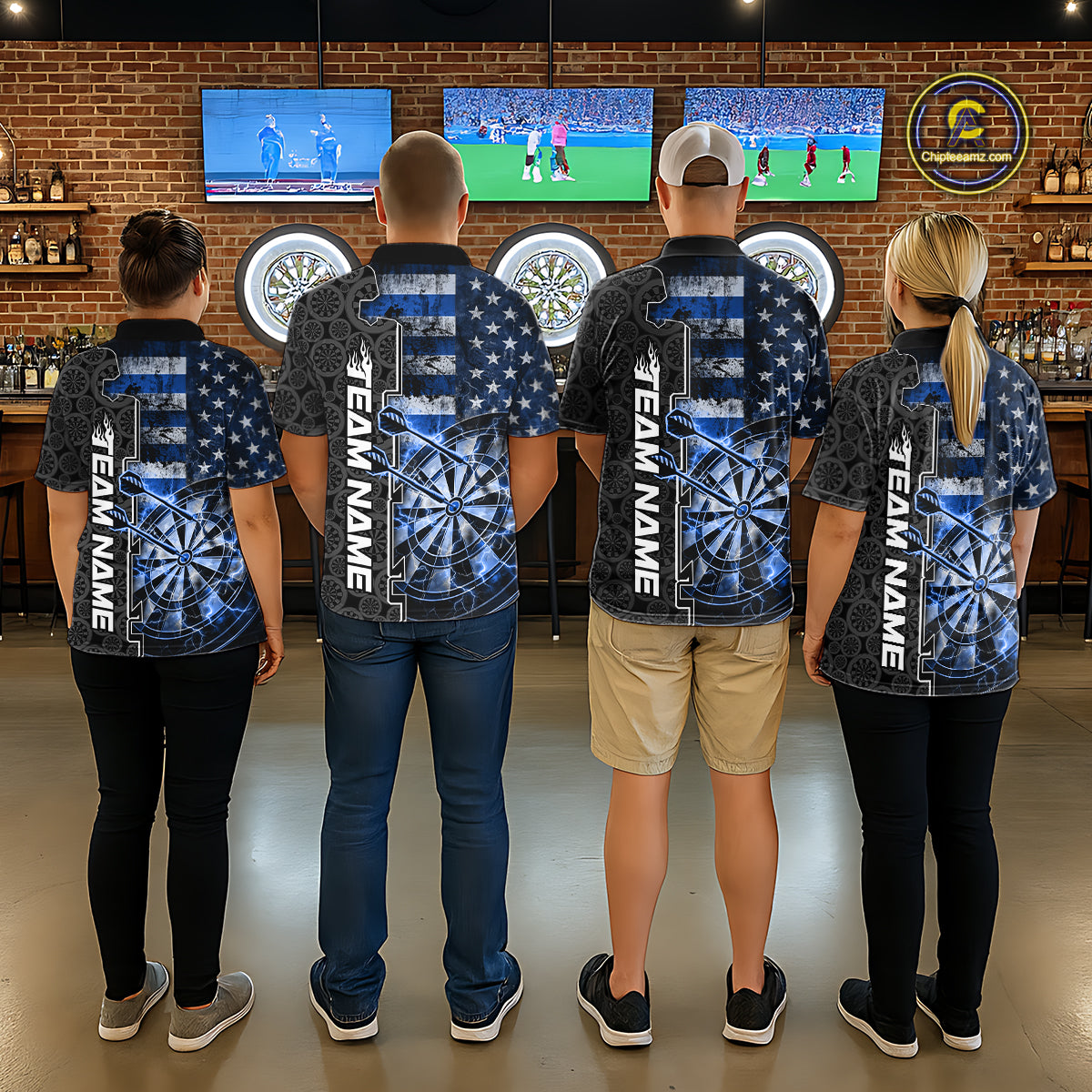Custom Blue Lightning US Flag Dartboard Patriotic Dart Team Men Polo Shirt Dart Jerseys IPHW10388