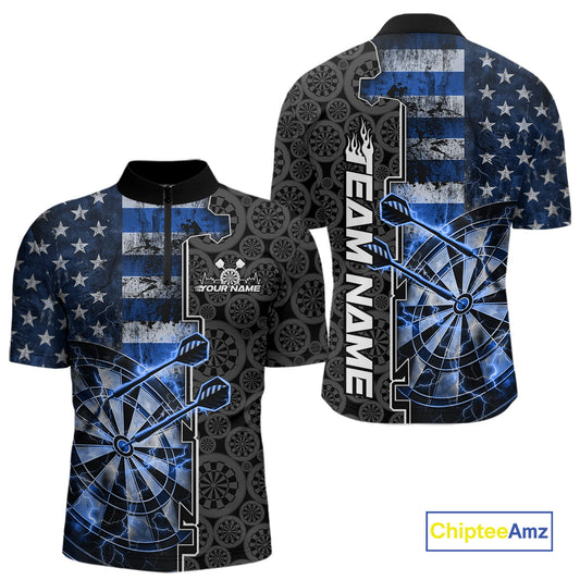 Custom Blue Lightning US Flag Dartboard Patriotic Dart Team Men Quarter-Zip Shirt Dart Jerseys IPHW10388