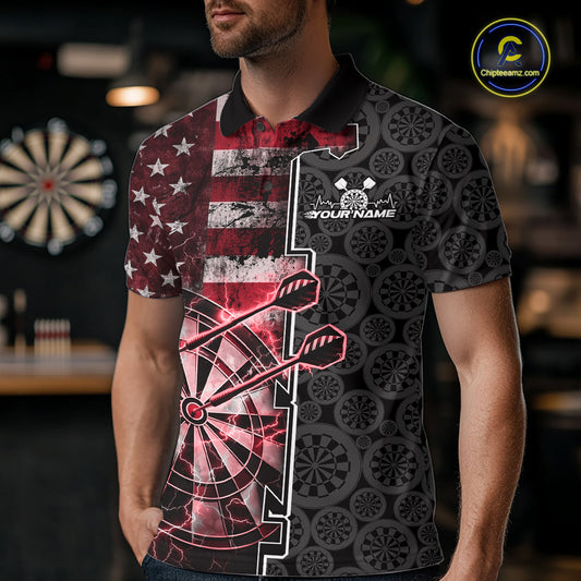 Custom Red Lightning US Flag Dartboard Patriotic Dart Team Men Polo Shirt Dart Jerseys IPHW10389