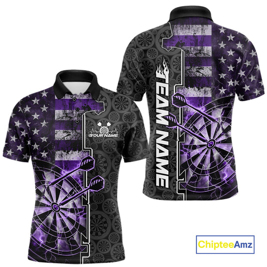 Custom Purple Lightning US Flag Dartboard Patriotic Dart Team Men Polo Shirt Dart Jerseys IPHW10390