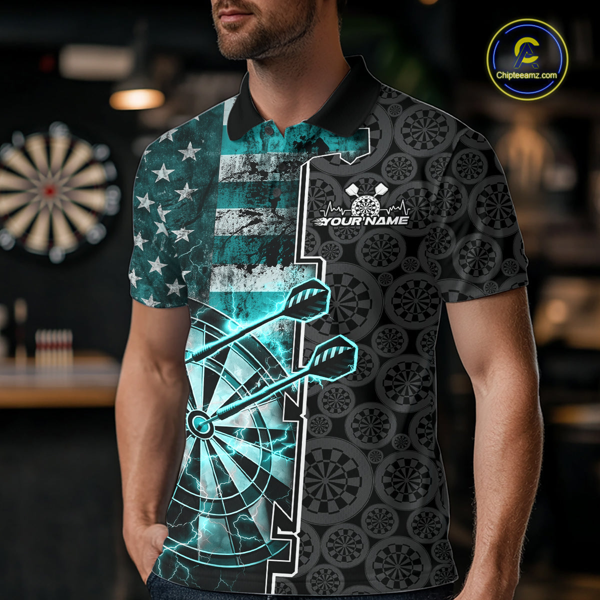 Custom Turquoise Blue Lightning US Flag Dartboard Patriotic Dart Team Men Polo Shirt IPHW10391