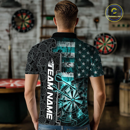 Custom Turquoise Blue Lightning US Flag Dartboard Patriotic Dart Team Men Polo Shirt IPHW10391