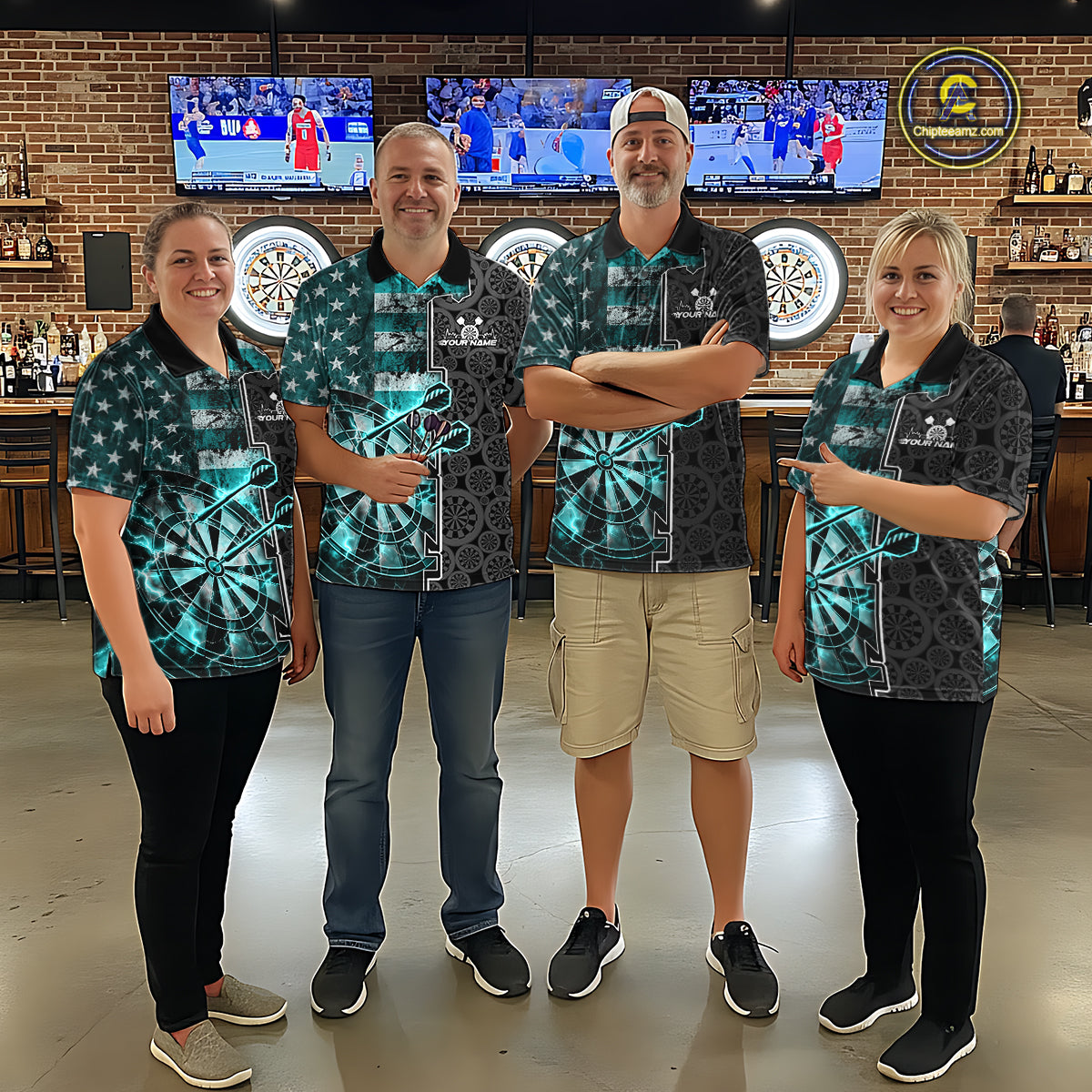 Custom Turquoise Blue Lightning US Flag Dartboard Patriotic Dart Team Men Polo Shirt IPHW10391