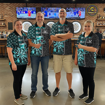 Custom Turquoise Blue Lightning US Flag Dartboard Patriotic Dart Team Men Polo Shirt IPHW10391