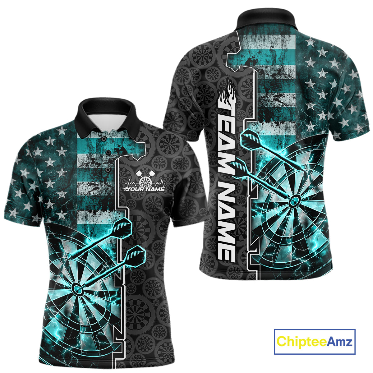 Custom Turquoise Blue Lightning US Flag Dartboard Patriotic Dart Team Men Polo Shirt IPHW10391