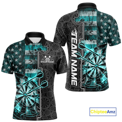 Custom Turquoise Blue Lightning US Flag Dartboard Patriotic Dart Team Men Polo Shirt IPHW10391