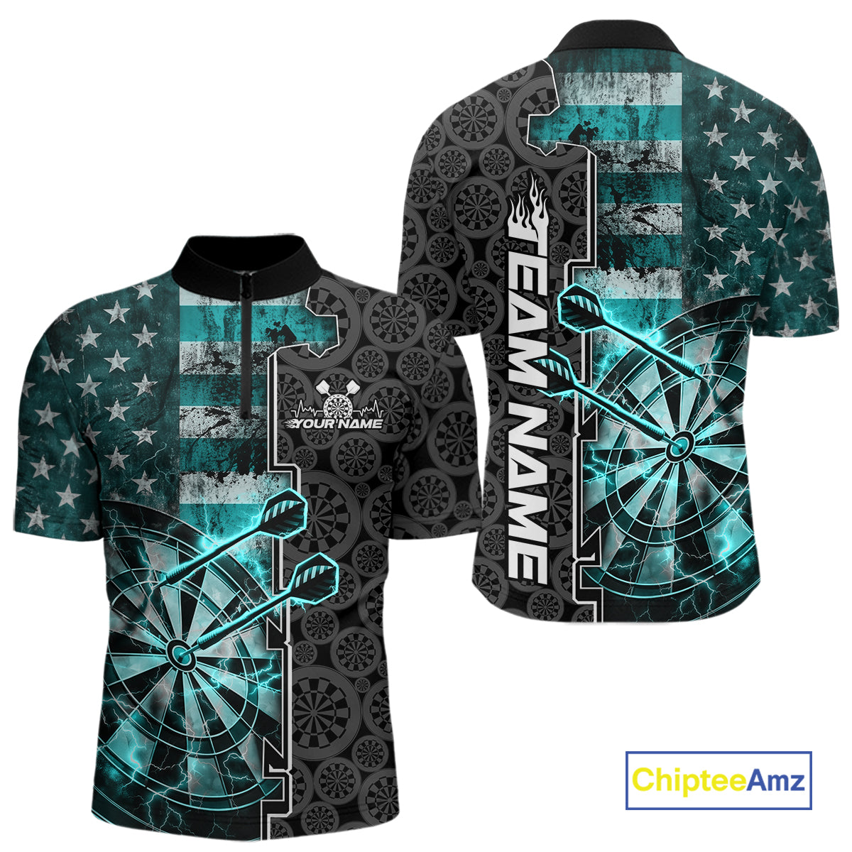 Custom Turquoise Blue Lightning US Flag Dartboard Patriotic Dart Team Men Quarter-Zip Shirt IPHW10391