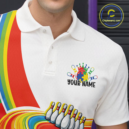 Close-up left chest detail of bowling polo shirt featuring colorful autism bowling lane motif with bright puzzle accents and clean embroidery style