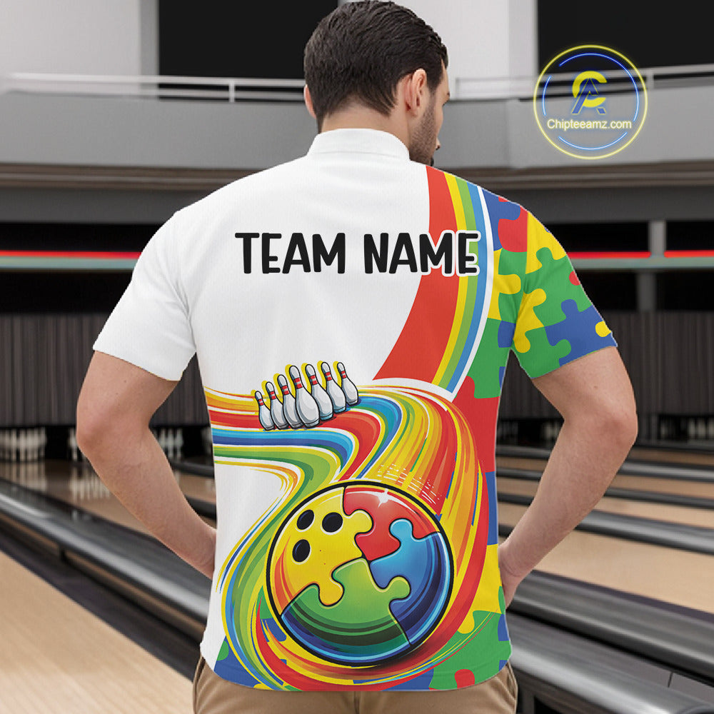 Inside Bowling Center Front View Male Model Wearing Quarter-Zip Shirt Featuring Autism Bowling Lane Scene And Vibrant Puzzle Piece Artwork