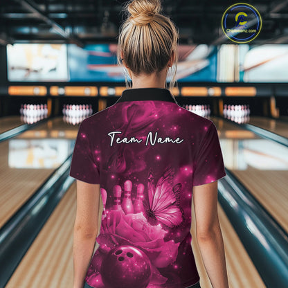 Custom Pink Butterfly And Roses Bowling Women Polo Shirts, Ladies Bowling Team IPHW10878